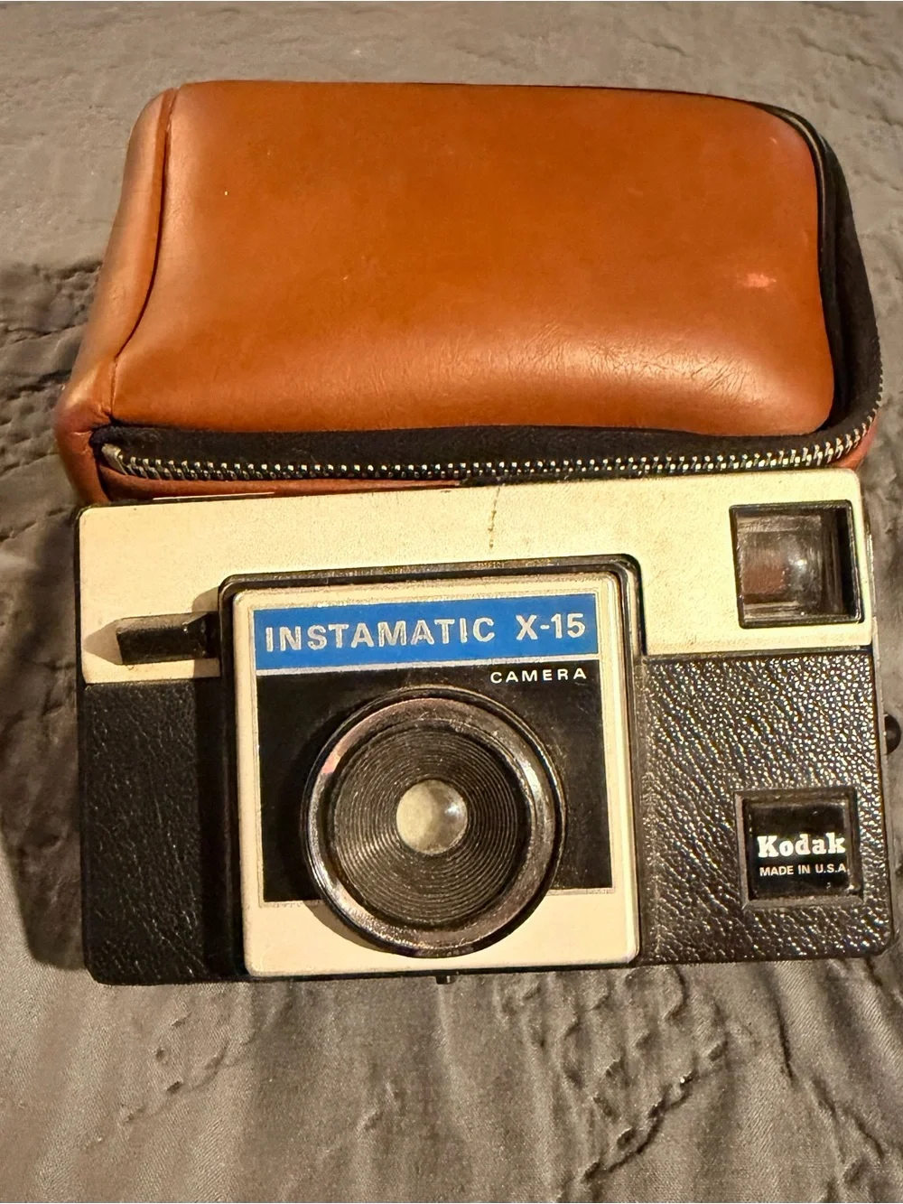 Kodak Instamatic X-15 Camera in Black, Cream and Blue with Brown Case